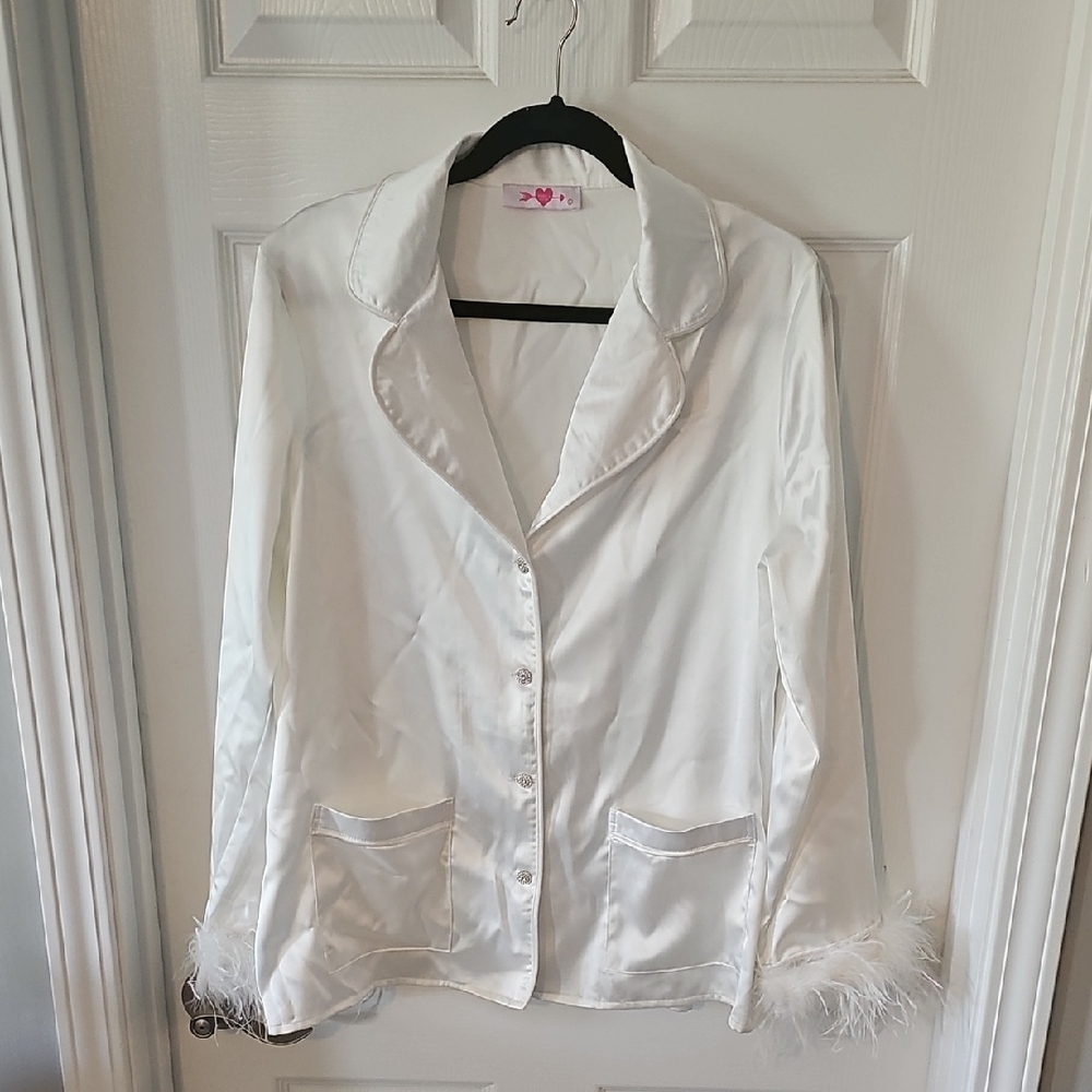 Bridal Satin Pajama Set with Feather Cuffs